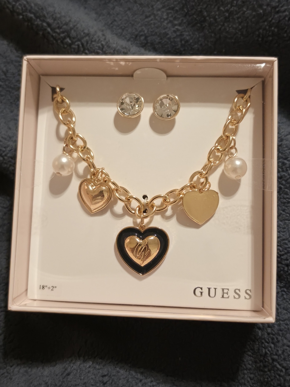 GUESS Gold-Tone Heart Charm Necklace with Black-Trim Heart Pendant